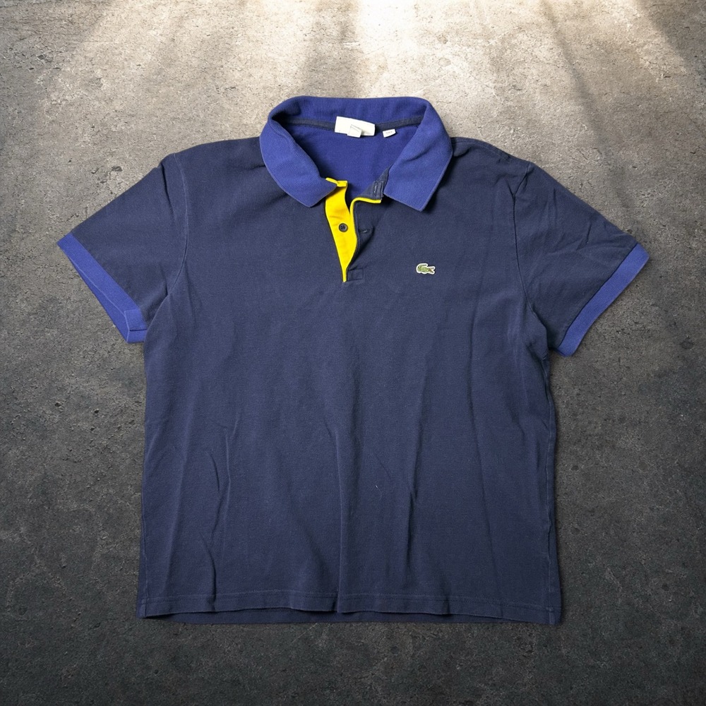 Lacoste Regular Fit Polo Shirt Navy Blue Yellow Trim Mens Size US XL FR 6 Retro